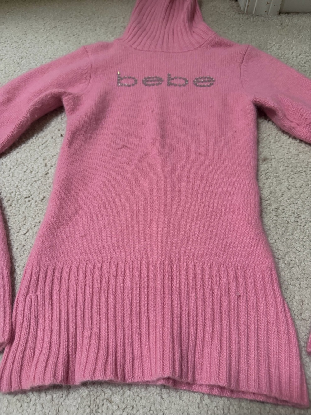 bebe Pink Turtleneck Ribbed Hem Sweater with Crystal Logo